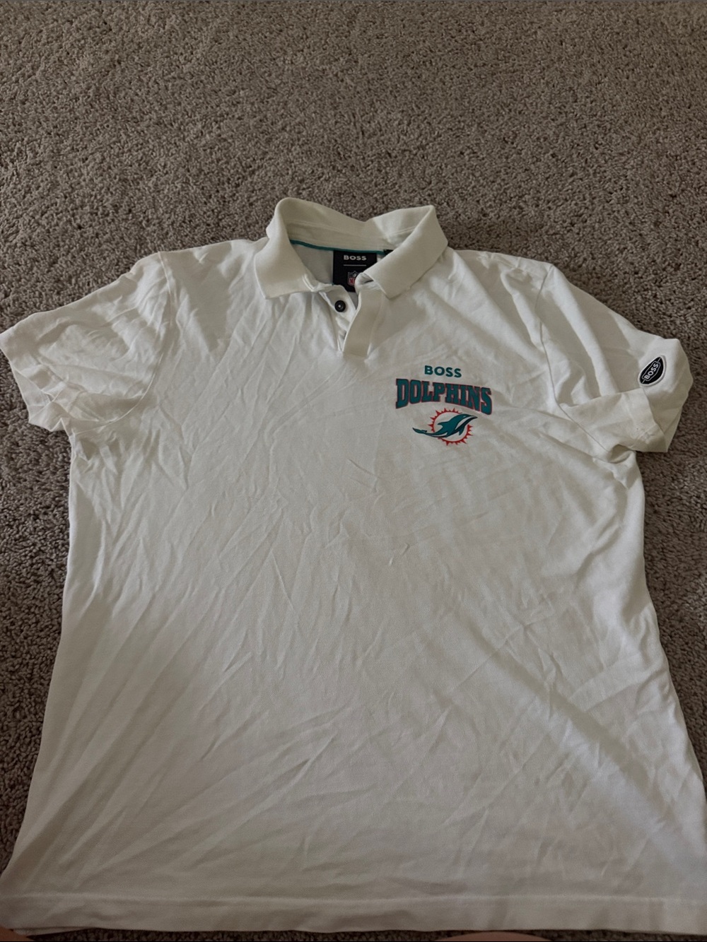 Boss White Polo with Teal and Orange Dolphins Logo